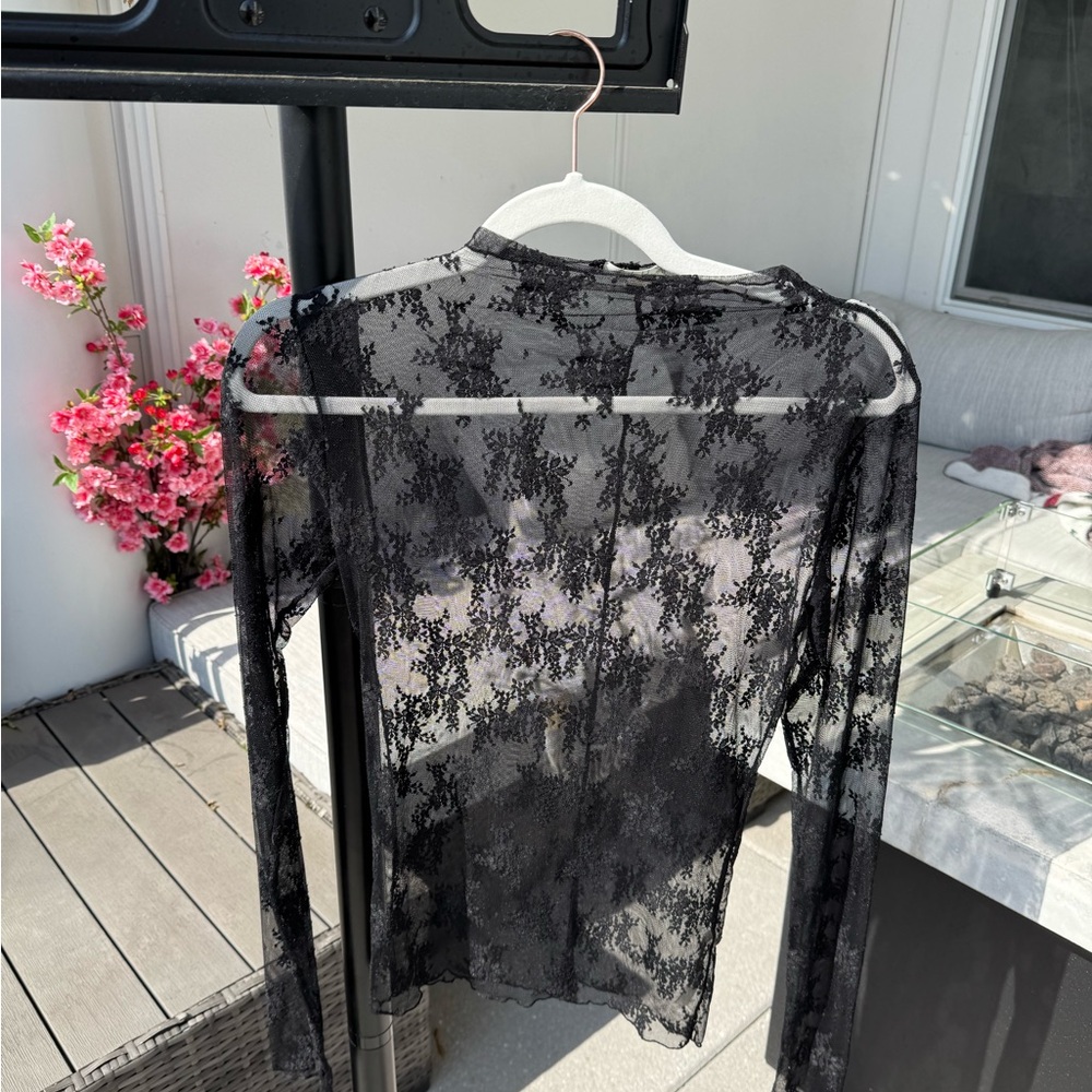 Free People Black Long Sleeve Lace Sheer Top